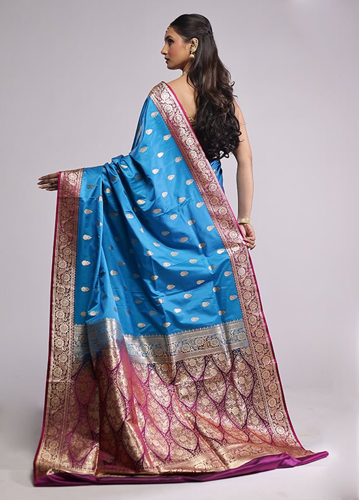 Blue Banarasi Silk Saree With Blouse Piece