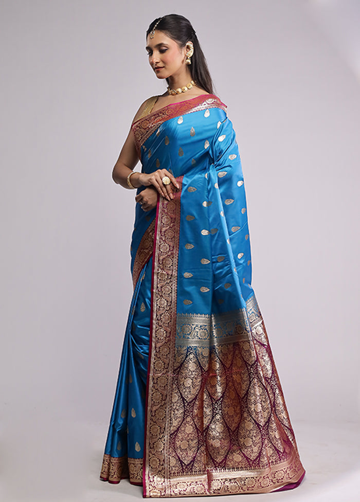 Blue Banarasi Silk Saree With Blouse Piece