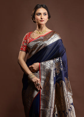 Blue Banarasi Silk Saree With Blouse Piece