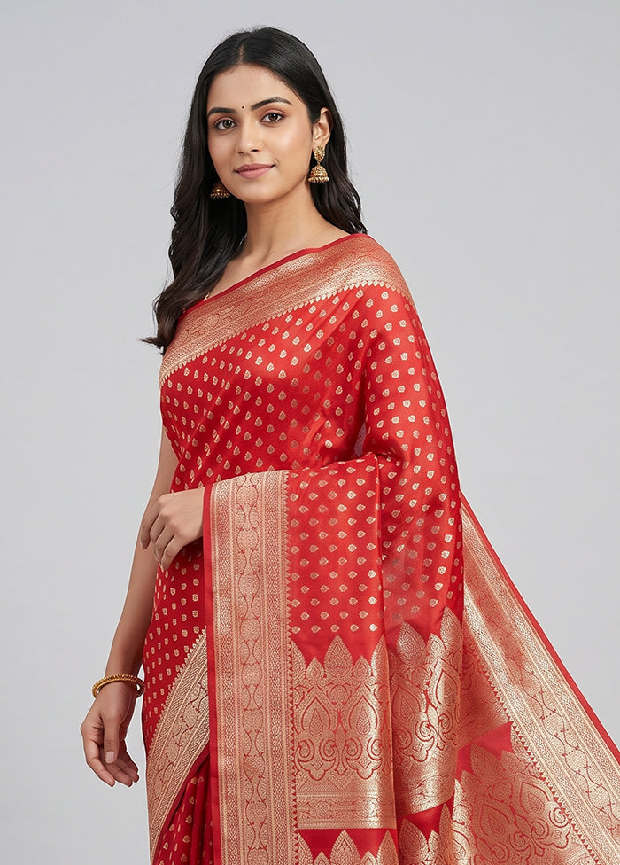 Red Banarasi Silk Saree With Blouse Piece