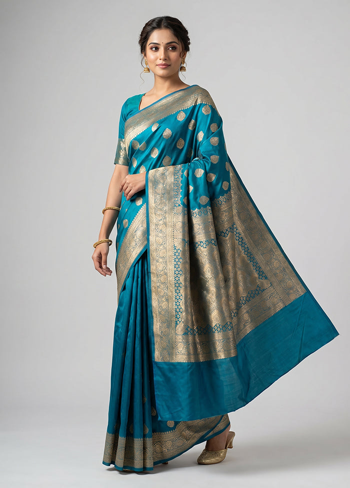 Blue Banarasi Silk Saree With Blouse Piece