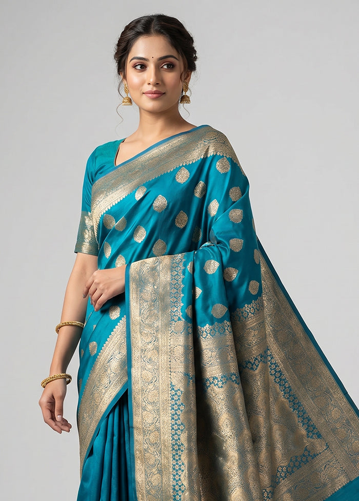 Blue Banarasi Silk Saree With Blouse Piece
