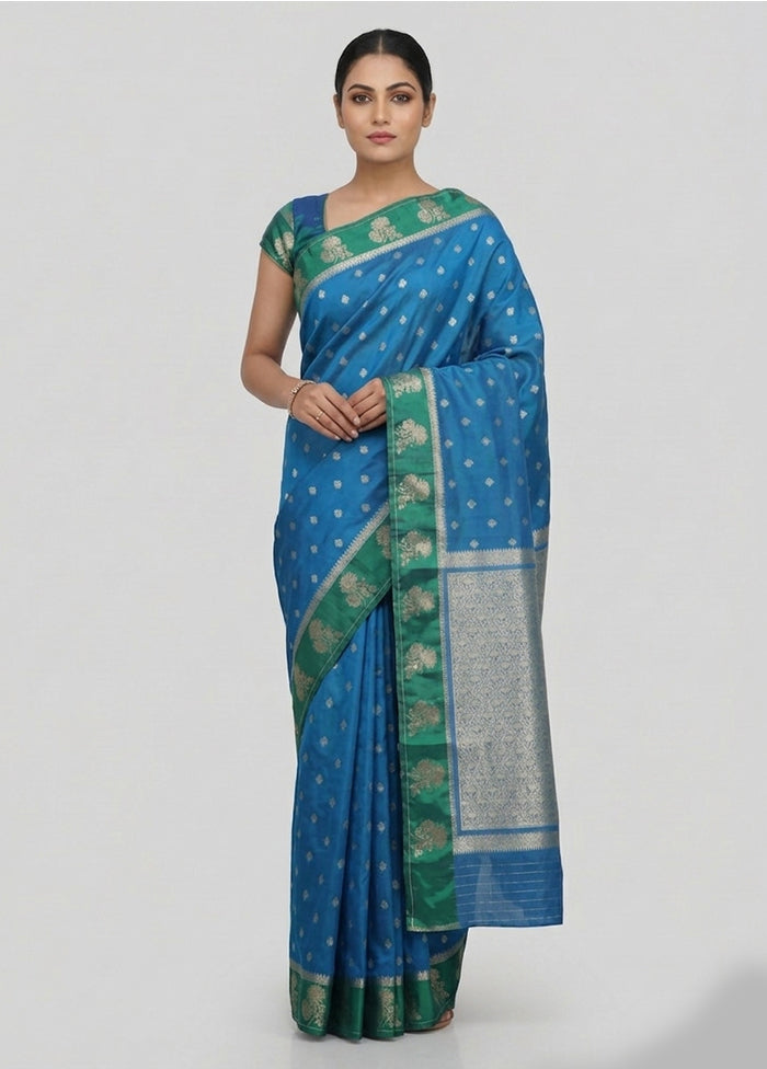 Blue Katan Silk Saree With Blouse Piece