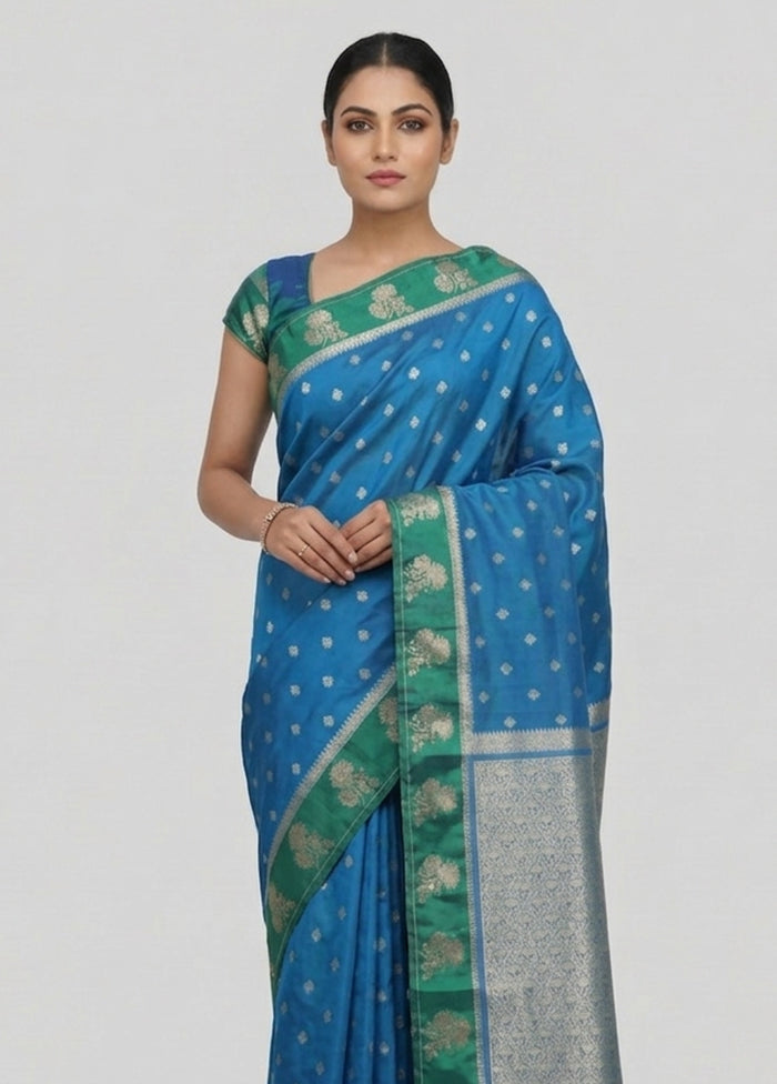 Blue Katan Silk Saree With Blouse Piece