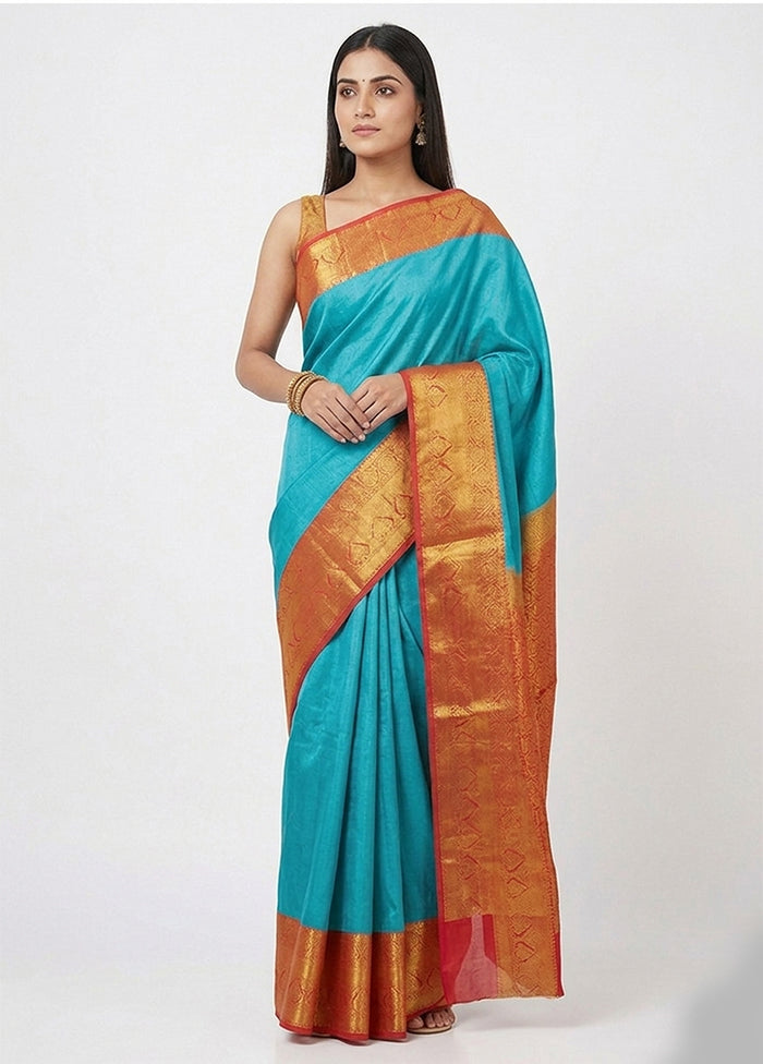 Blue Kanjivaram Silk Saree With Blouse Piece