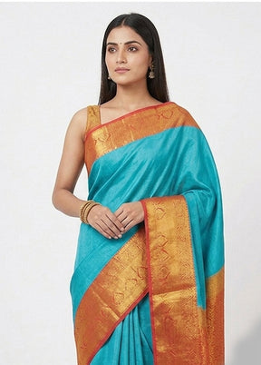 Blue Kanjivaram Silk Saree With Blouse Piece