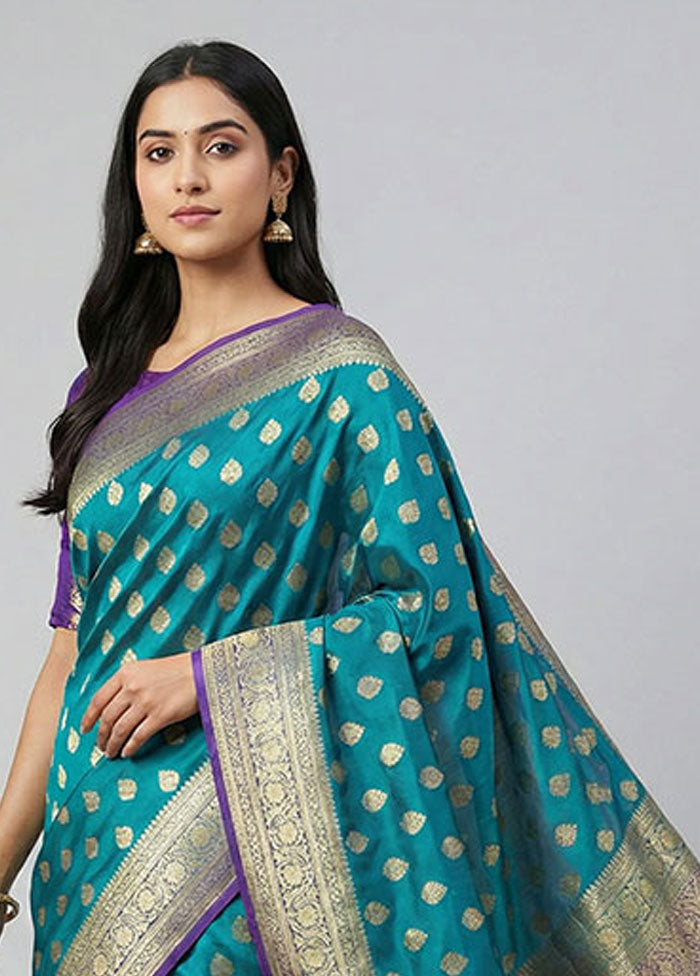 Blue Banarasi Silk Saree With Blouse Piece