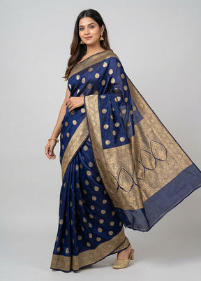 Blue Dupion Silk Saree With Blouse Piece