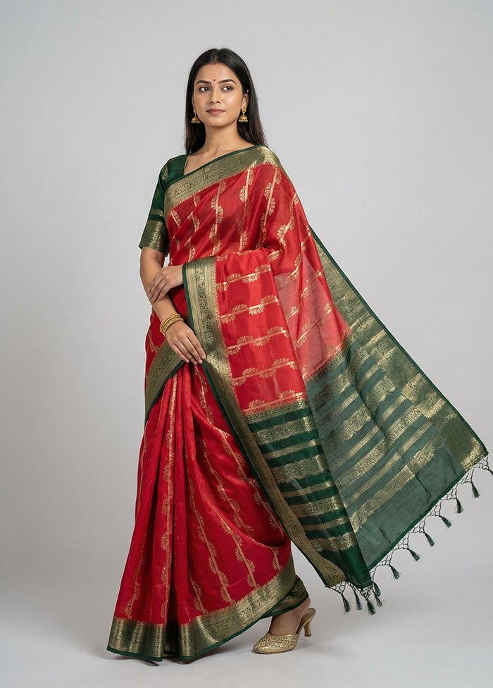 Red Dupion Silk Saree With Blouse Piece