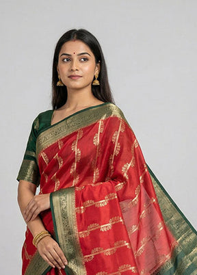 Red Dupion Silk Saree With Blouse Piece