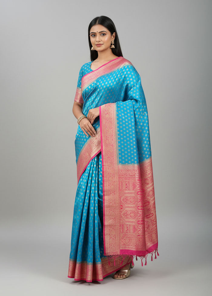 Blue Dupion Silk Saree With Blouse Piece