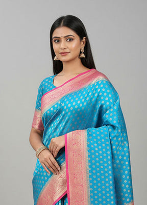 Blue Dupion Silk Saree With Blouse Piece