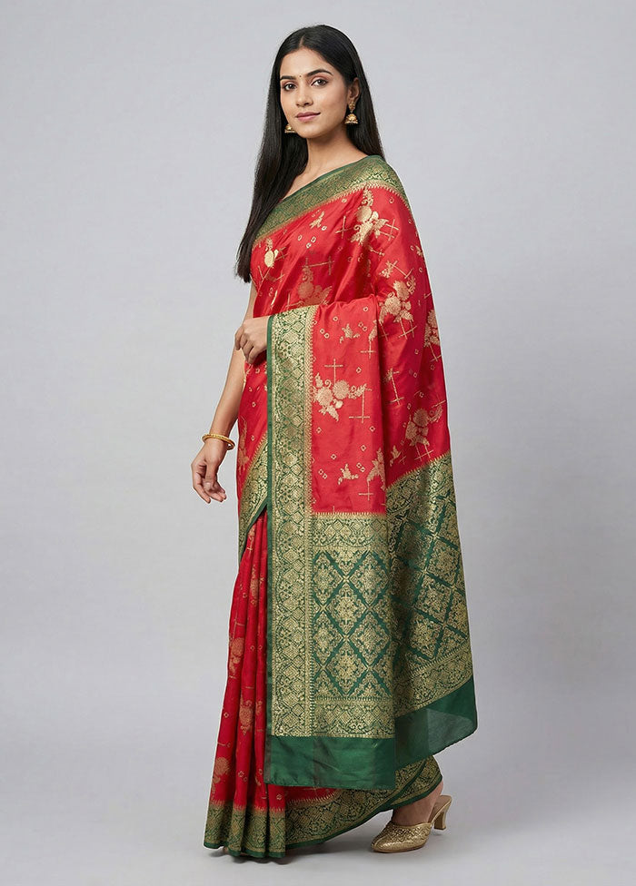 Red Dupion Silk Saree With Blouse Piece