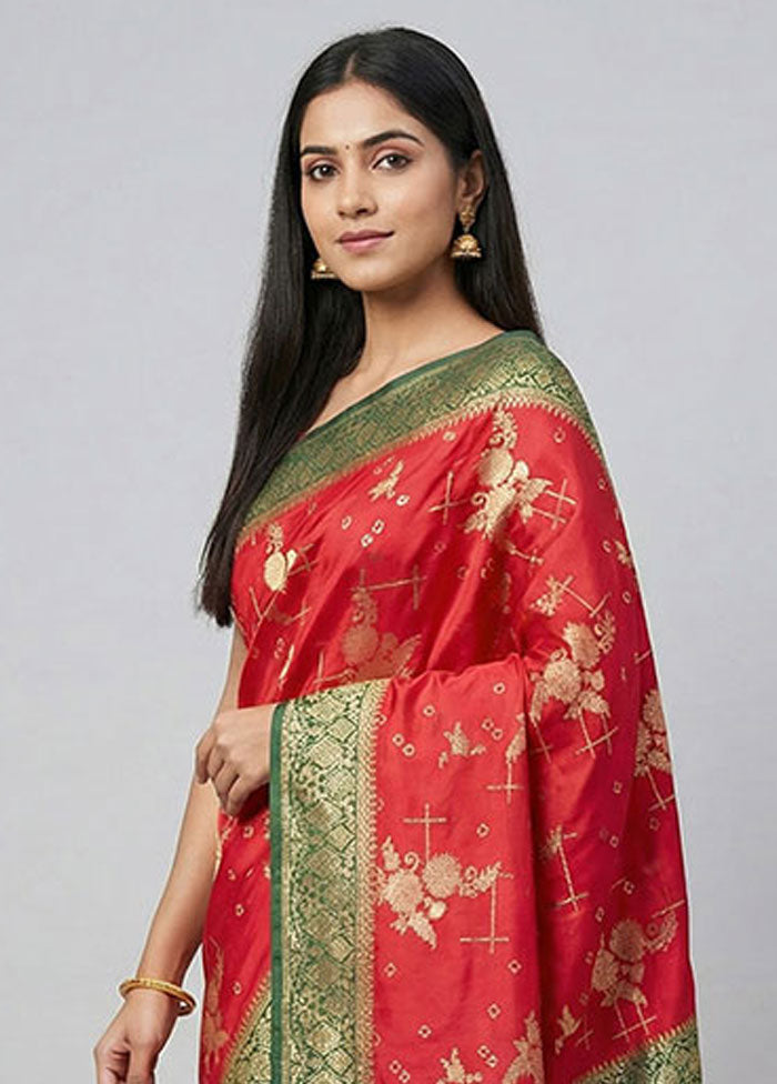 Red Dupion Silk Saree With Blouse Piece