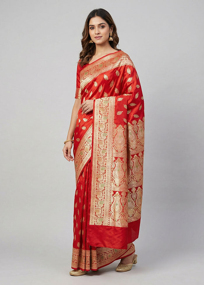 Red Banarasi Silk Saree With Blouse Piece