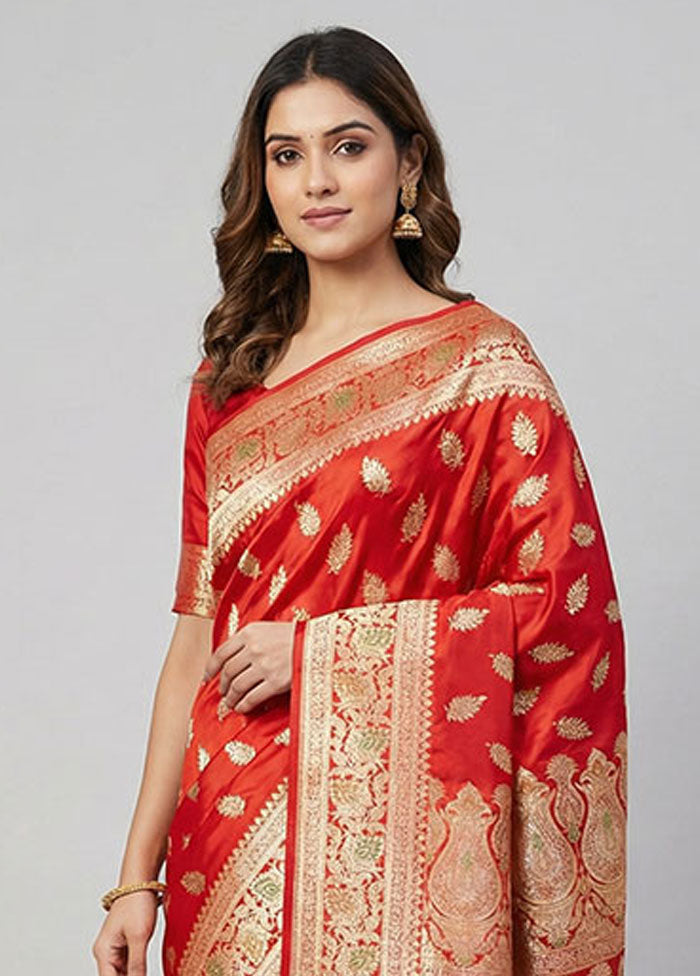 Red Banarasi Silk Saree With Blouse Piece