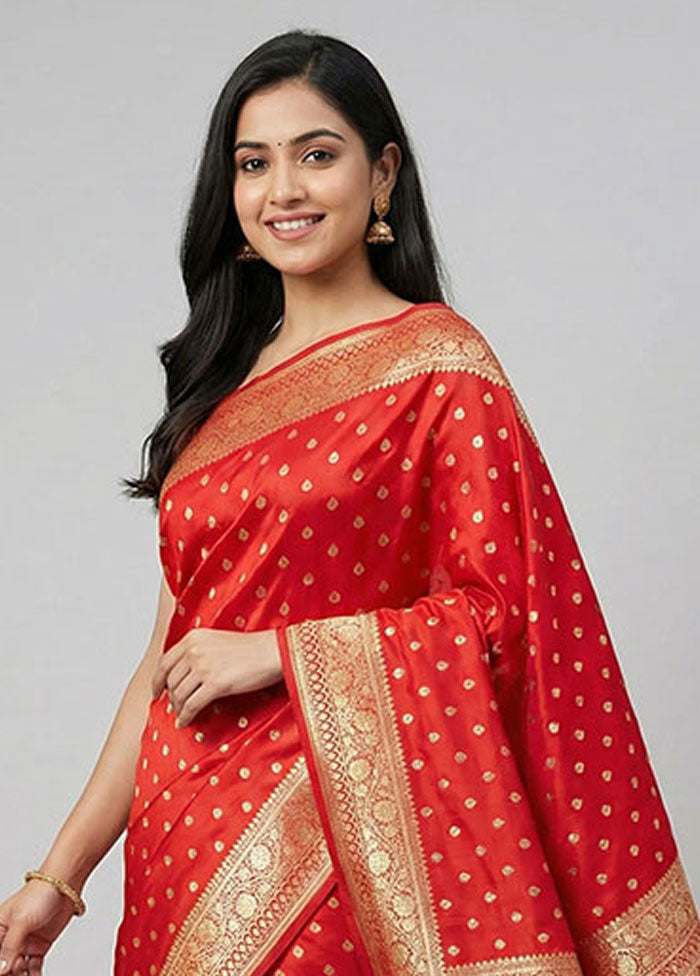 Red Banarasi Silk Saree With Blouse Piece