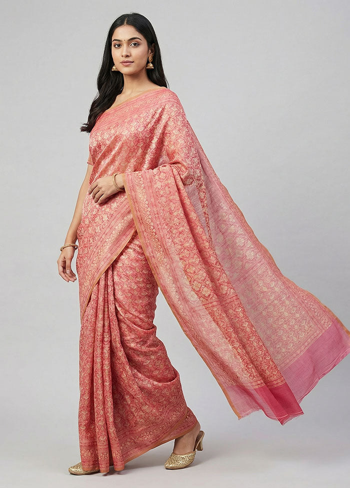 Pink Kora Silk Saree With Blouse Piece