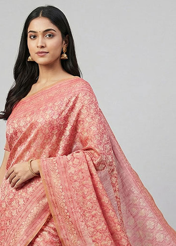 Pink Kora Silk Saree With Blouse Piece