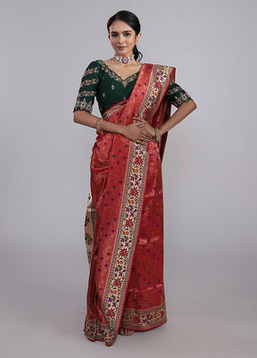 Red Handloom Katan Pure Silk Saree With Blouse Piece