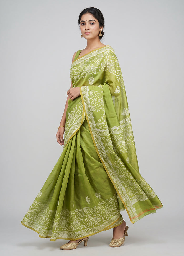 Green Printed Silk Saree Without Blouse Piece