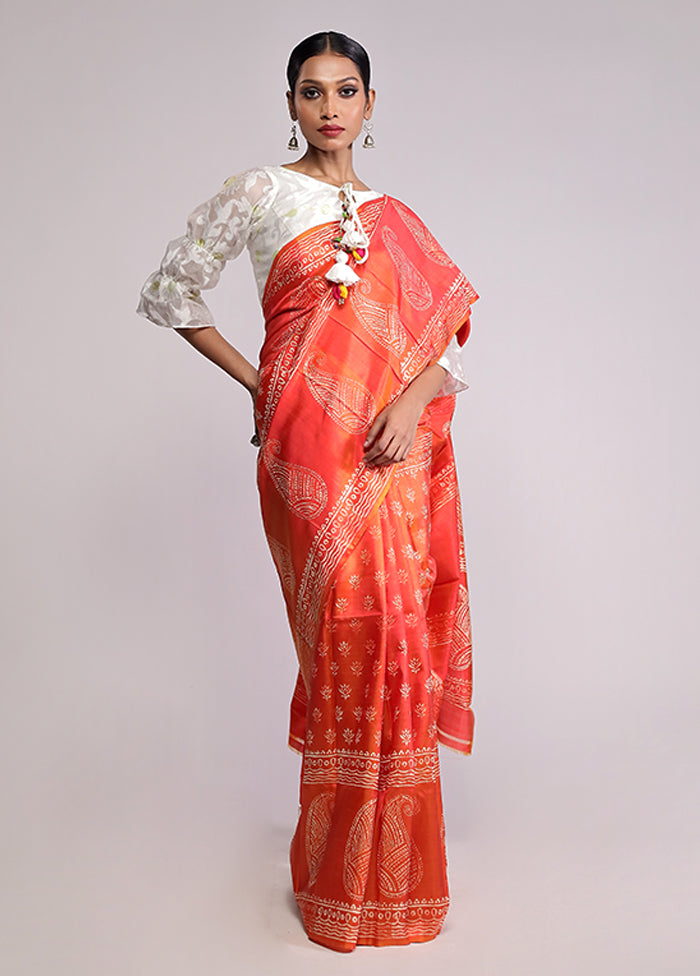 Orange Printed Pure Silk Saree Without Blouse Piece