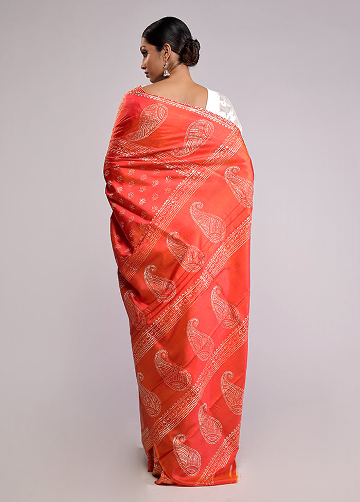 Orange Printed Pure Silk Saree Without Blouse Piece