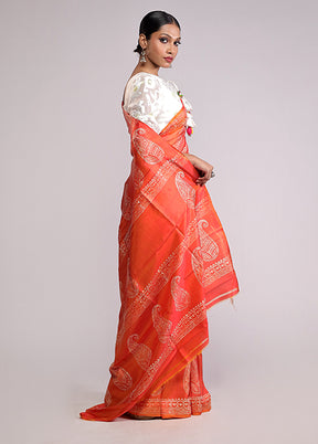 Orange Printed Pure Silk Saree Without Blouse Piece
