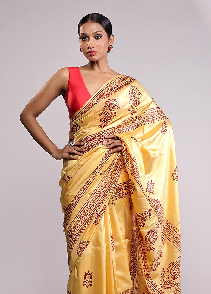 Yellow Printed Pure Silk Saree Without Blouse Piece