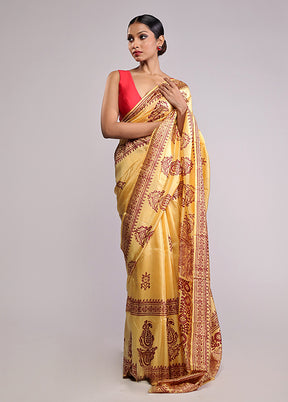 Yellow Printed Pure Silk Saree Without Blouse Piece