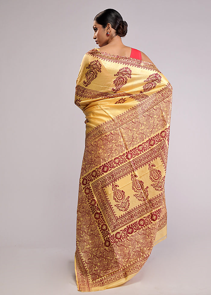 Yellow Printed Pure Silk Saree Without Blouse Piece