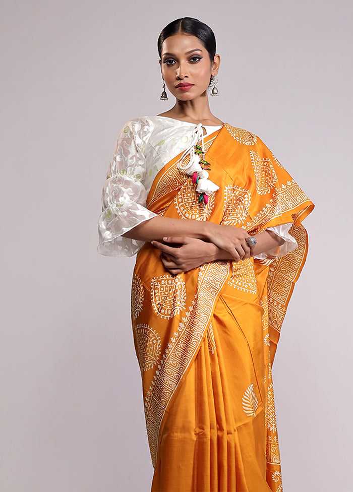Yellow Printed Pure Silk Saree Without Blouse Piece