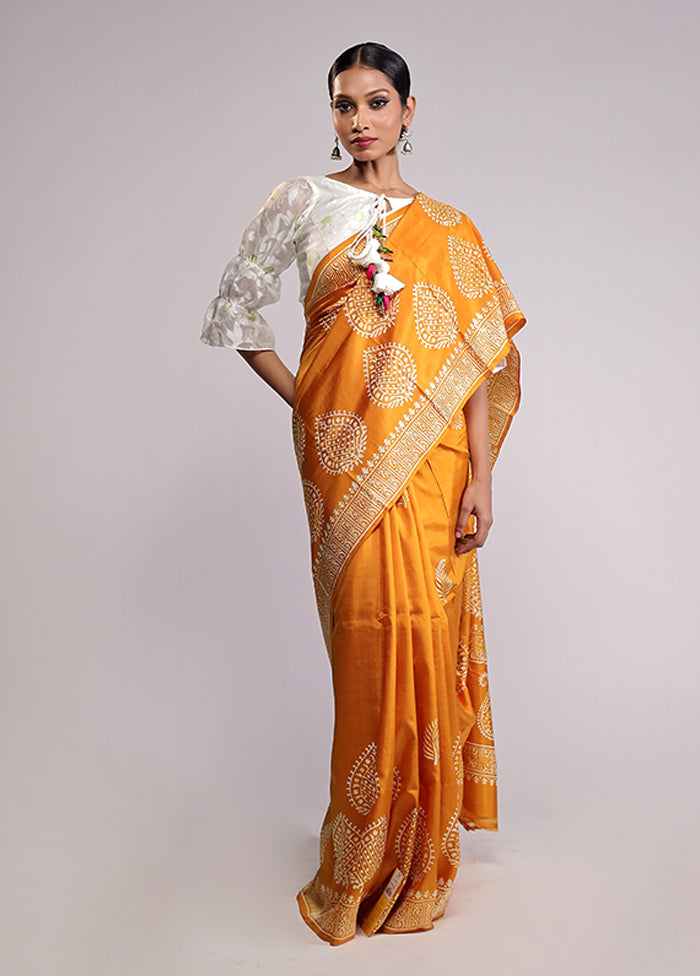 Yellow Printed Pure Silk Saree Without Blouse Piece
