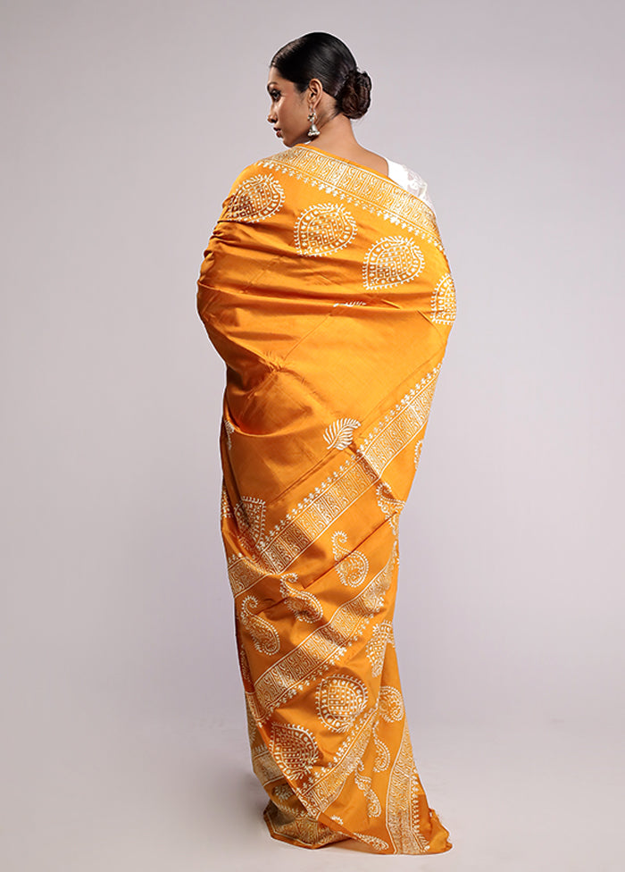 Yellow Printed Pure Silk Saree Without Blouse Piece