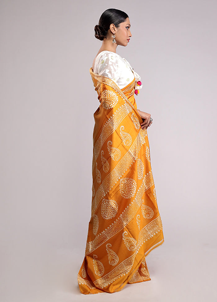 Yellow Printed Pure Silk Saree Without Blouse Piece
