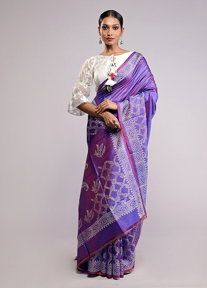 Purple Printed Pure Silk Saree Without Blouse Piece