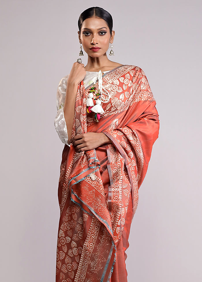 Orange Printed Pure Silk Saree Without Blouse Piece