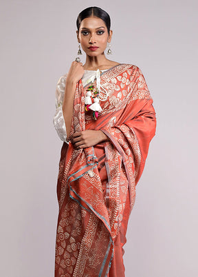 Orange Printed Pure Silk Saree With Blouse Piece