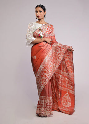 Orange Printed Pure Silk Saree With Blouse Piece