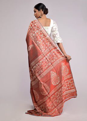 Orange Printed Pure Silk Saree With Blouse Piece