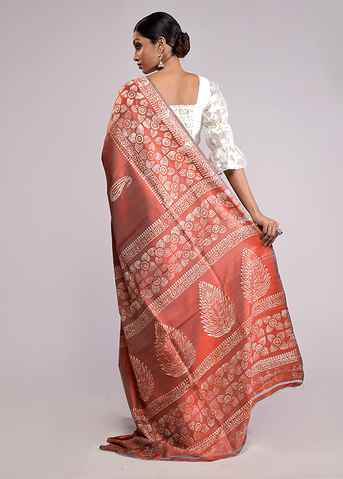 Orange Printed Pure Silk Saree With Blouse Piece