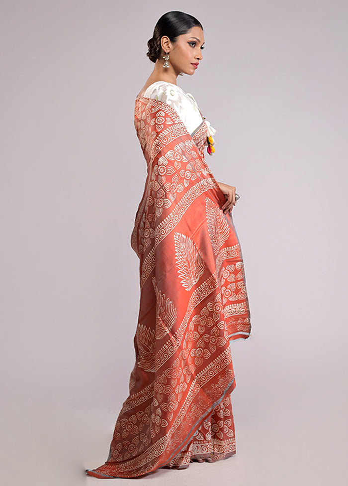 Orange Printed Pure Silk Saree With Blouse Piece
