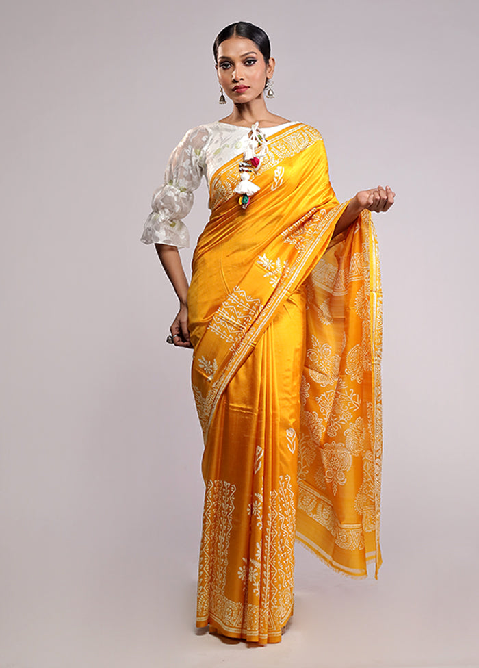 Yellow Printed Pure Silk Saree Without Blouse Piece