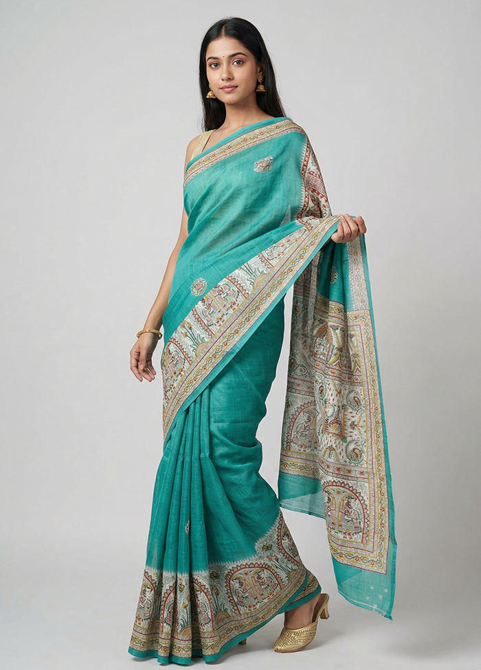 Green Printed Silk Saree Without Blouse Piece