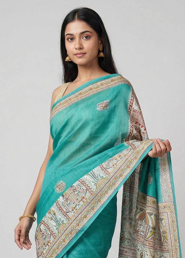 Green Printed Silk Saree Without Blouse Piece