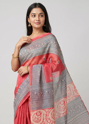Pink Printed Silk Saree Without Blouse Piece