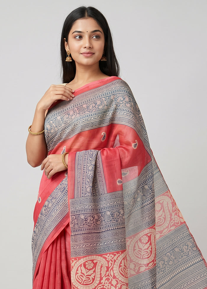 Pink Printed Silk Saree Without Blouse Piece