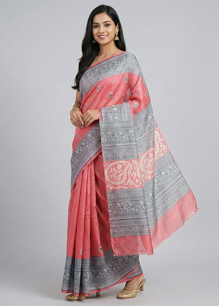 Pink Printed Silk Saree Without Blouse Piece