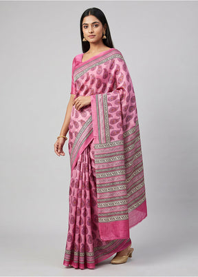 Pink Printed Silk Saree Without Blouse Piece
