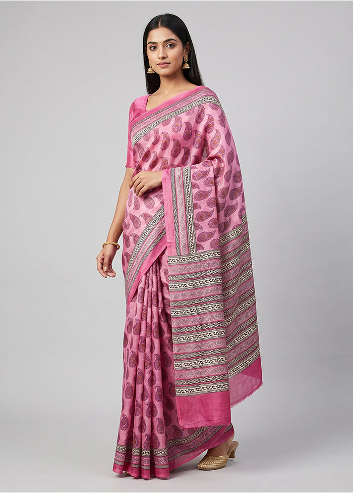 Pink Printed Silk Saree Without Blouse Piece